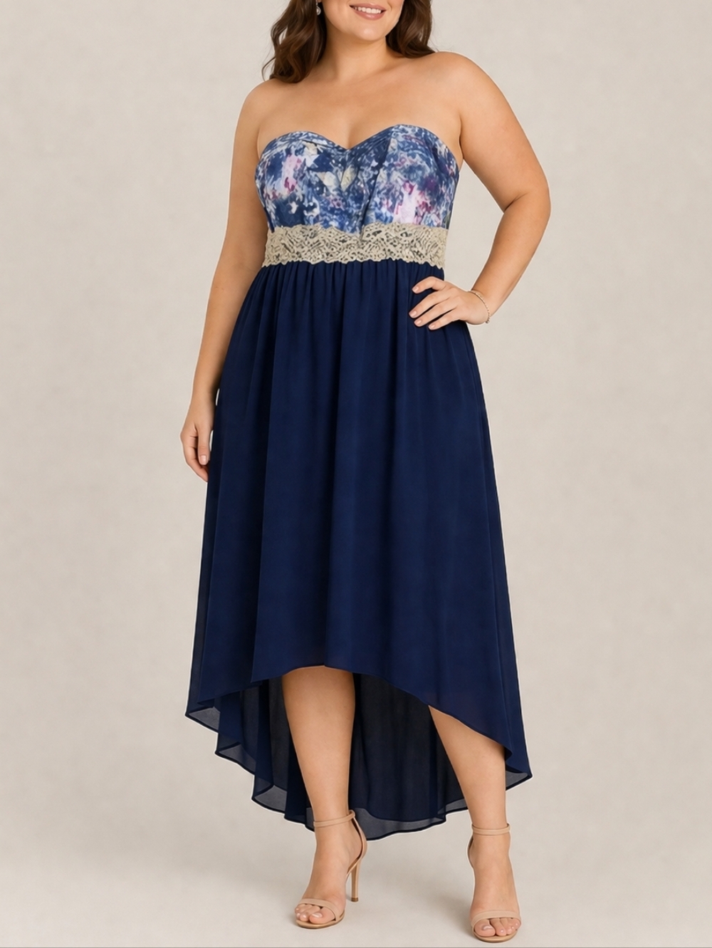 New Look Strapless Hi-Low Floral Lace Trim Dress Blue 3X Plus Size Boho Flowy